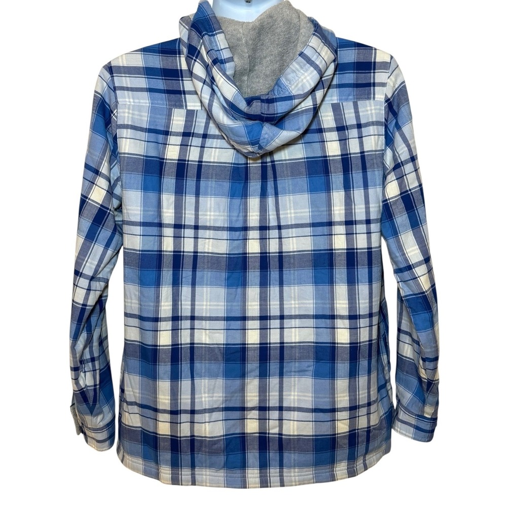 L.L.Bean Womens M Fleece-Lined Flannel Hoodie Shirt Blue Plaid Long Sleeve - Picture 2 of 9